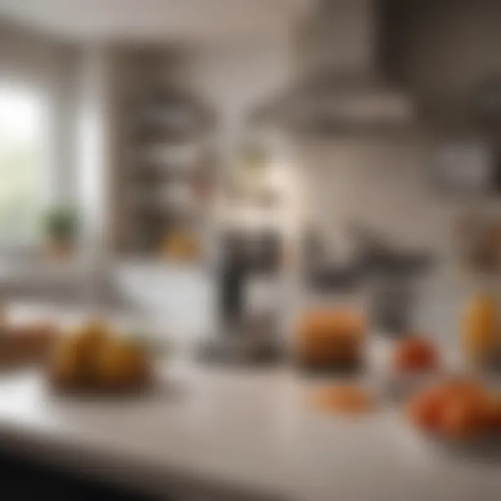 A well-organized kitchen setup with a food processor in use.