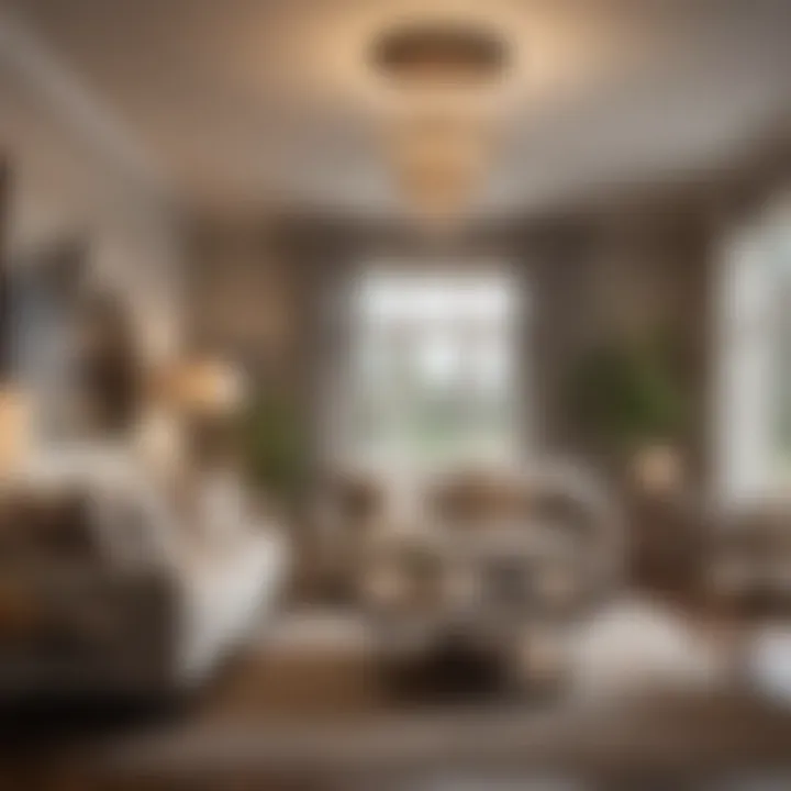 A cozy living room featuring layered lighting elements, including floor lamps and ceiling fixtures.