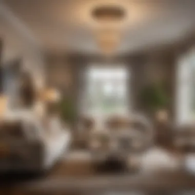 Cozy Living Room with Layered Lighting A cozy living room featuring layered lighting elements, including floor lamps and ceiling fixtures.