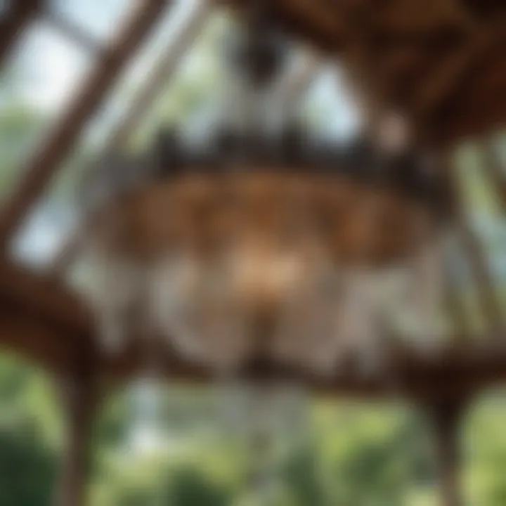 Close-up of a crystal chandelier hanging in a gazebo setting
