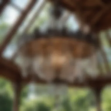 Close-Up of Crystal Chandelier in Gazebo Close-up of a crystal chandelier hanging in a gazebo setting