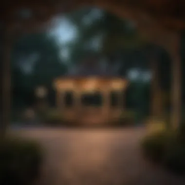 Serene Evening Scene with Gazebo Lighting A serene evening scene with a gazebo adorned with soft lighting
