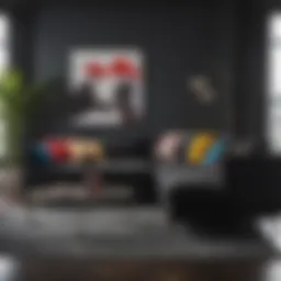 Elegant black sofa with colorful cushions in a modern living room setting