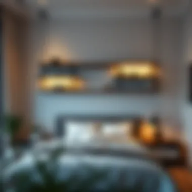 Hanging Shelves with Ambient Lighting in Elegant Bedroom Elegant bedroom featuring hanging shelves with ambient lighting