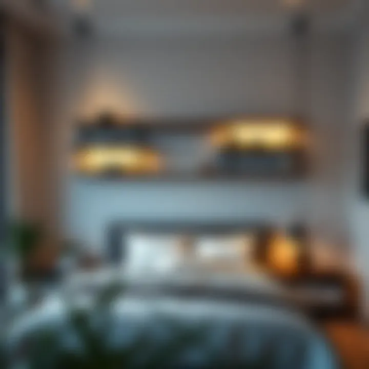 Hanging Shelves with Ambient Lighting in Elegant Bedroom Elegant bedroom featuring hanging shelves with ambient lighting