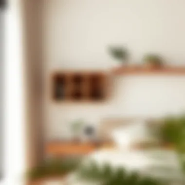 Natural Wood Hanging Shelves in Minimalist Design Close-up of natural wood hanging shelves integrated into a minimalist bedroom