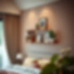 Stylish bedroom with a modern hanging shelf showcasing decorative items