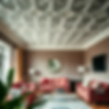 Stylish room featuring a unique patterned ceiling