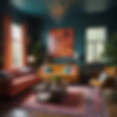 Vibrant Color Palette and Eclectic Decor in a Living Room A vibrant living room showcasing a bold color palette and eclectic decorative elements for a lively atmosphere