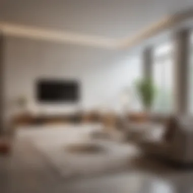 Modern Minimalist Design in a Spacious Living Room A spacious living room with a modern minimalist design featuring oversized furniture and strategic lighting