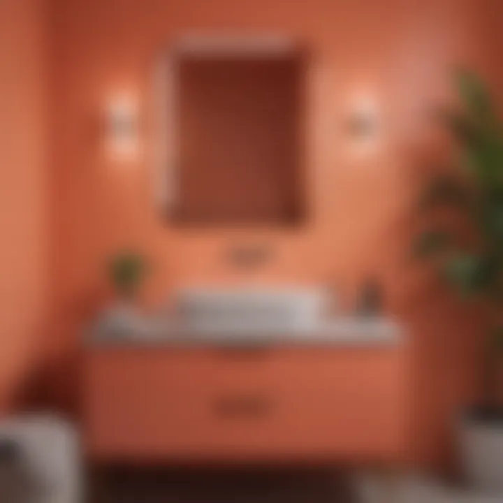 Functional storage solutions in a coral-themed bathroom