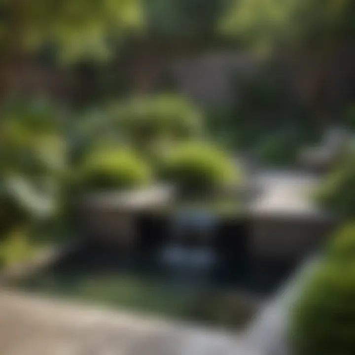 An outdoor space with a harmonious blend of water features and lush greenery.