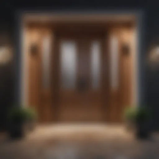 Modern wooden front door with stylish sidelights