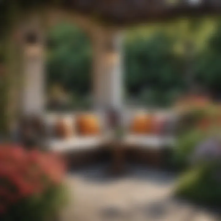 An elegant outdoor seating area surrounded by vibrant flowers and greenery.