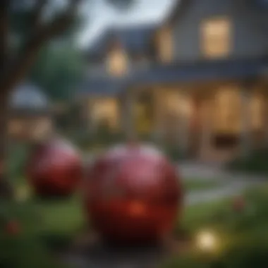 Whimsical garden scene showcasing oversized ornaments and lights.