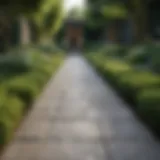 Elegant paved pathway surrounded by lush greenery