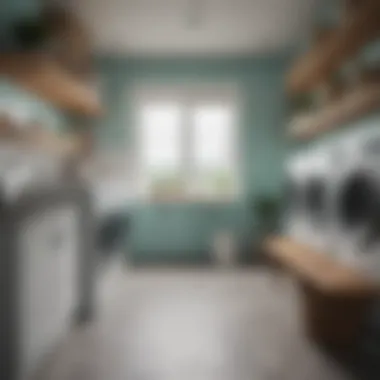 Efficient Laundry Room Layout Efficient laundry layout featuring open shelving and bright accents