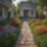 A beautifully landscaped front yard of a small house featuring colorful flowers and a neat pathway.