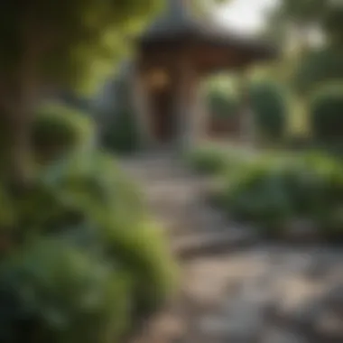 Tranquil Stone and Greenery A serene front yard with a mix of stone and greenery, creating a tranquil outdoor atmosphere.
