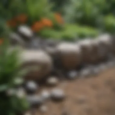 An artistic arrangement of river rocks used as decorative borders in a flower bed