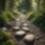 A beautifully arranged river rock pathway surrounded by lush greenery