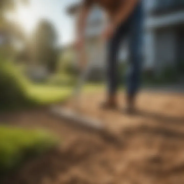 A gardener applying sand to a lawn using a rake for leveling.