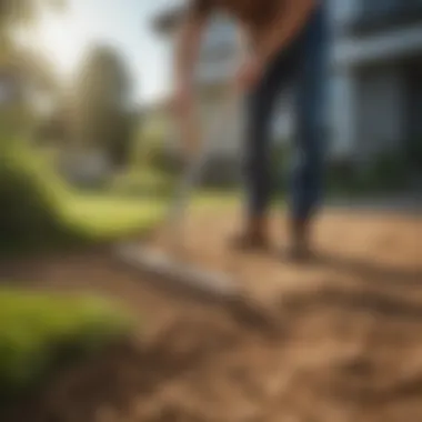 Application of Sand for Lawn Leveling A gardener applying sand to a lawn using a rake for leveling.