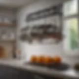 A modern kitchen showcasing an elegant lid rack for pots