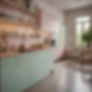 Bright and airy kitchen featuring soft pastel-colored cabinets and natural lighting