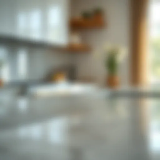 Close-up view of a pristine quartz countertop reflecting light