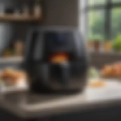 A sleek air fryer on a kitchen countertop, showcasing modern design.