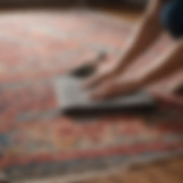 A close-up of a person applying a cleaning agent on a rug