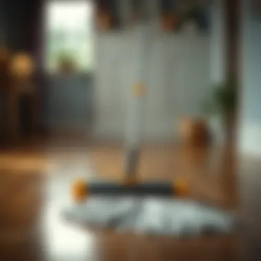 A close-up of a mop being used on a hardwood floor.