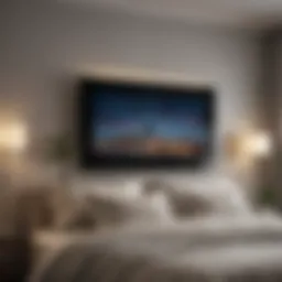 Elegant bedroom featuring a mounted TV above a sleek console
