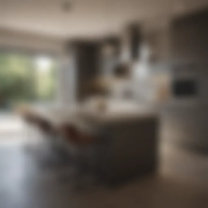 Sleek narrow kitchen island with integrated seating