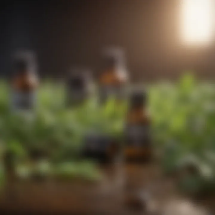 A close-up of essential oils in small bottles surrounded by green leaves.