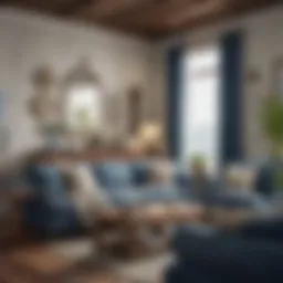 A cozy nautical-themed living room featuring marine colors and textures