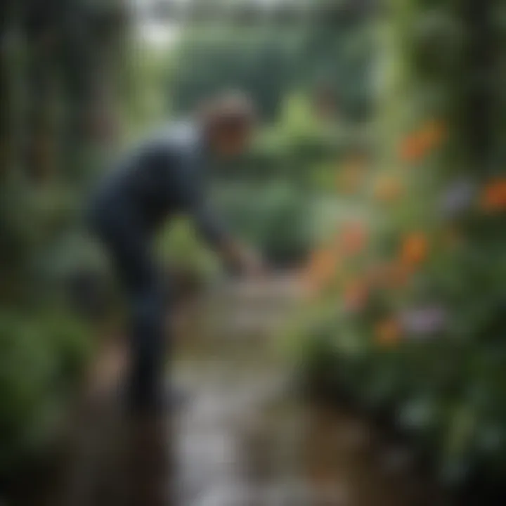 Gardener tending to flowers in a wet area