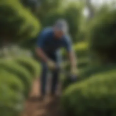 A gardener tending to shrubs, showcasing care techniques