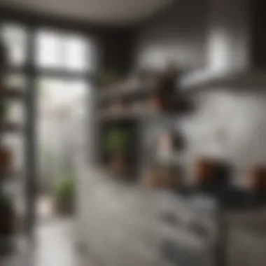 Aesthetic arrangement of pots on a metal rack in a chic kitchen