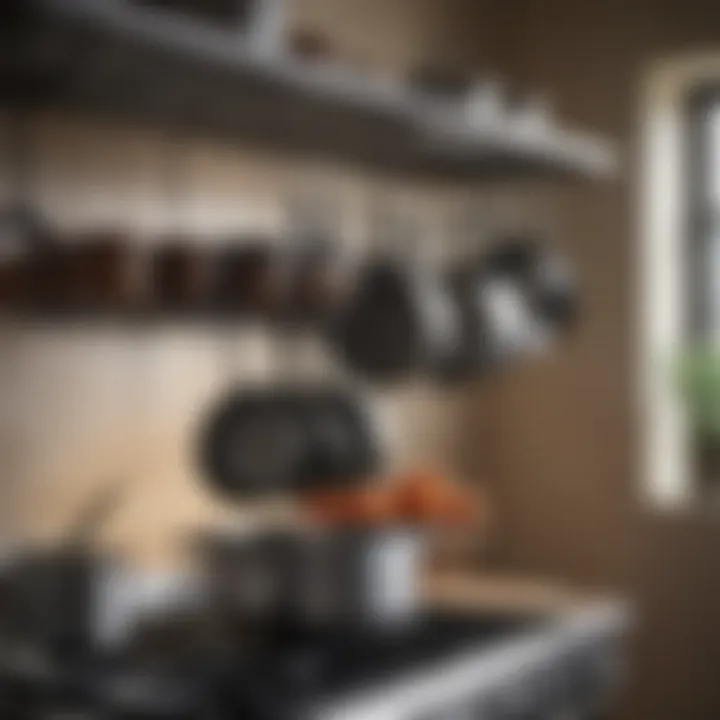 Close-up of durable metal racks showcasing various cookware