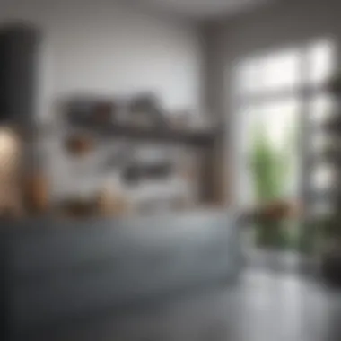 Modern kitchen with efficient use of metal racks for storage