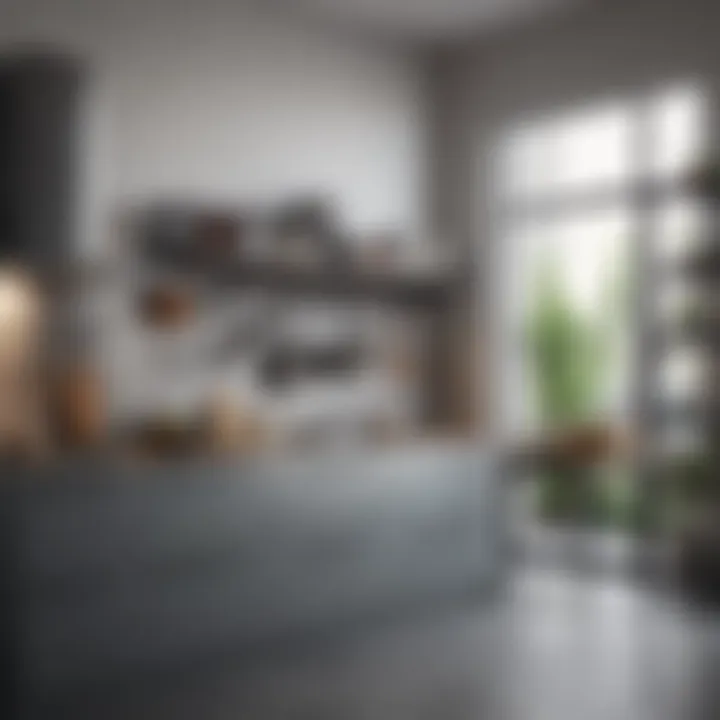 Modern kitchen with efficient use of metal racks for storage