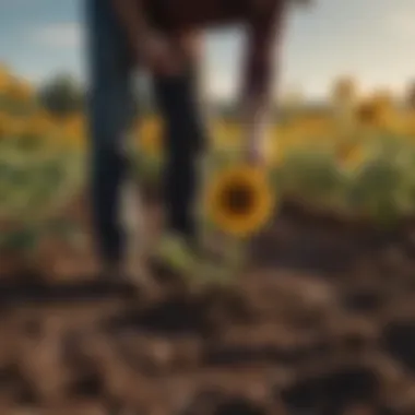 A farmer examining soil conditions for sunflower cultivation