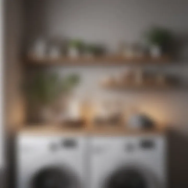 Elegant floating shelves displaying decorative items in a laundry space