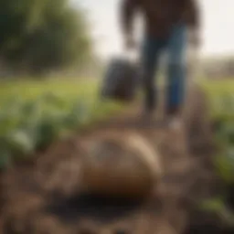 Natural organic fertilizer spreading in a potato field