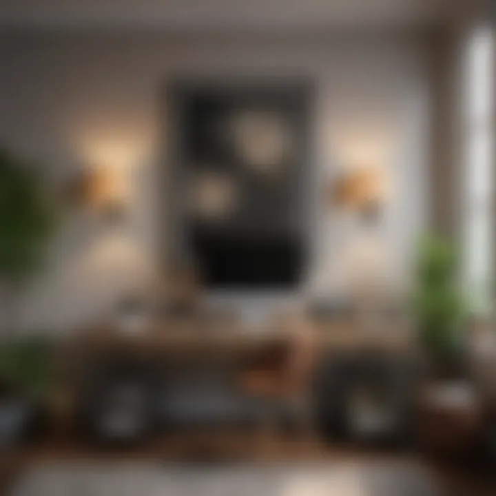 A visually appealing home office with artistic decor and personalized touches.