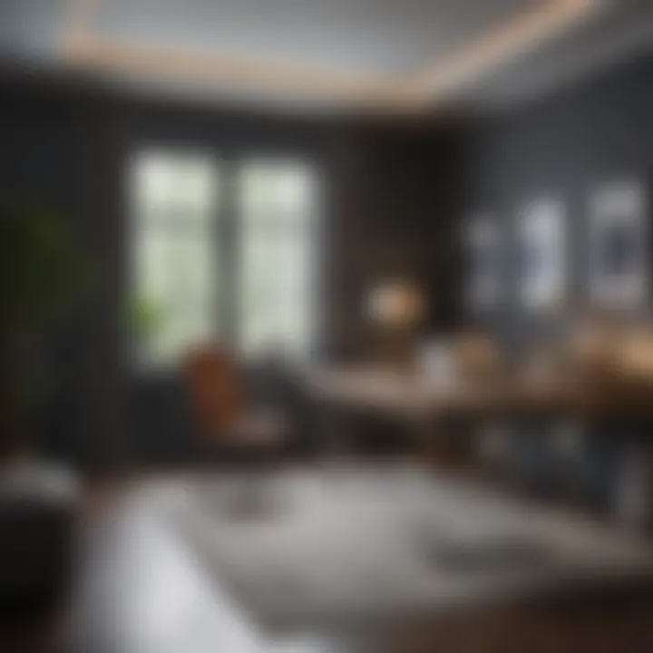 A sophisticated home office featuring sleek furniture and organized workspace elements.