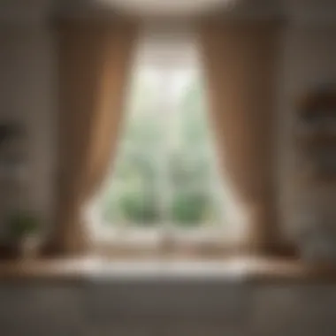 Elegant Curtains Framing Over Sink Window An over sink window framed by beautiful curtains, adding an aesthetic touch to the kitchen.