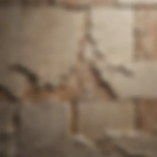 A close-up view of a wall with extensive cracks and imperfections before tiling.